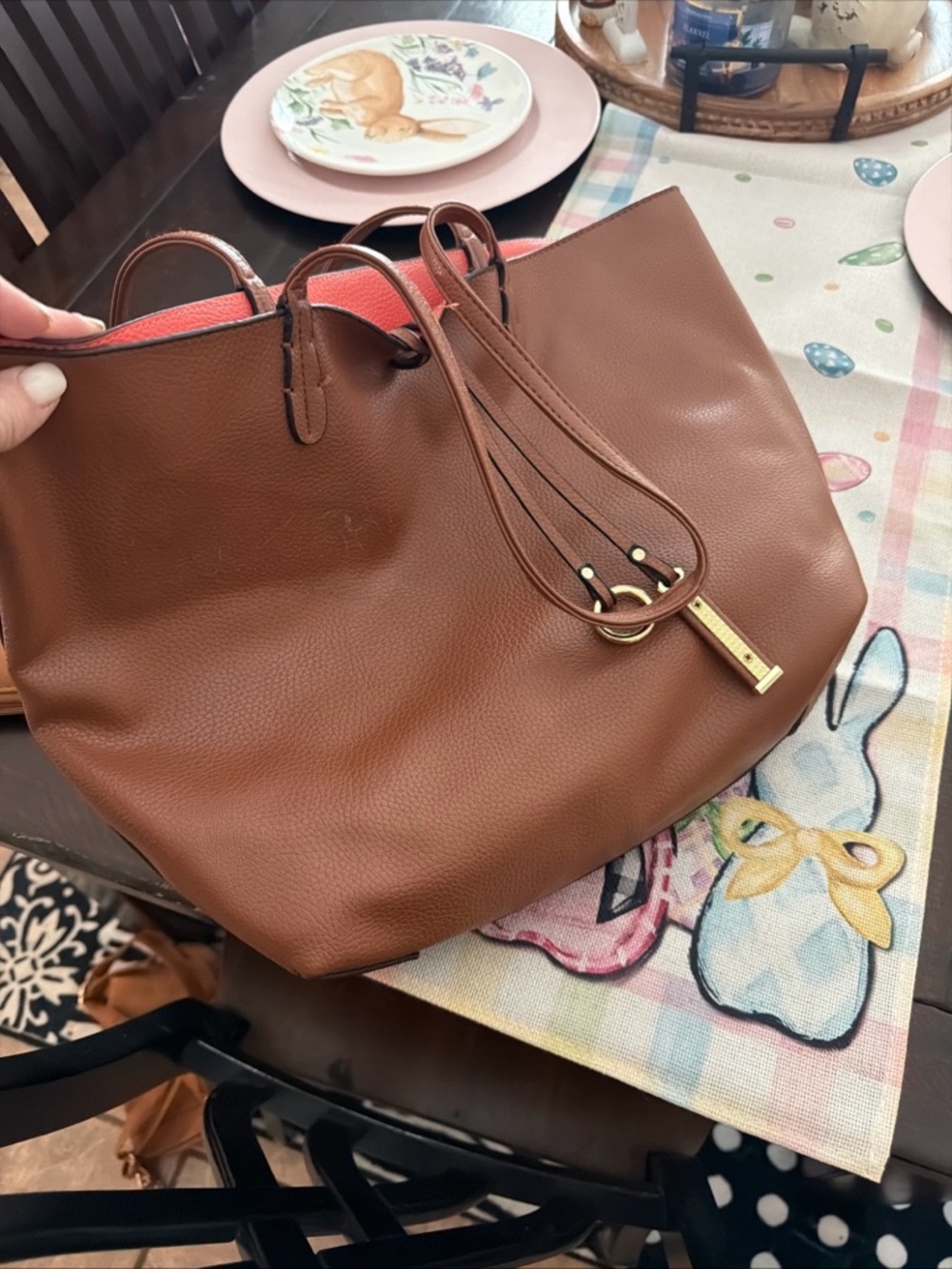 Source Unknown Brown Tote with Coral Interior
